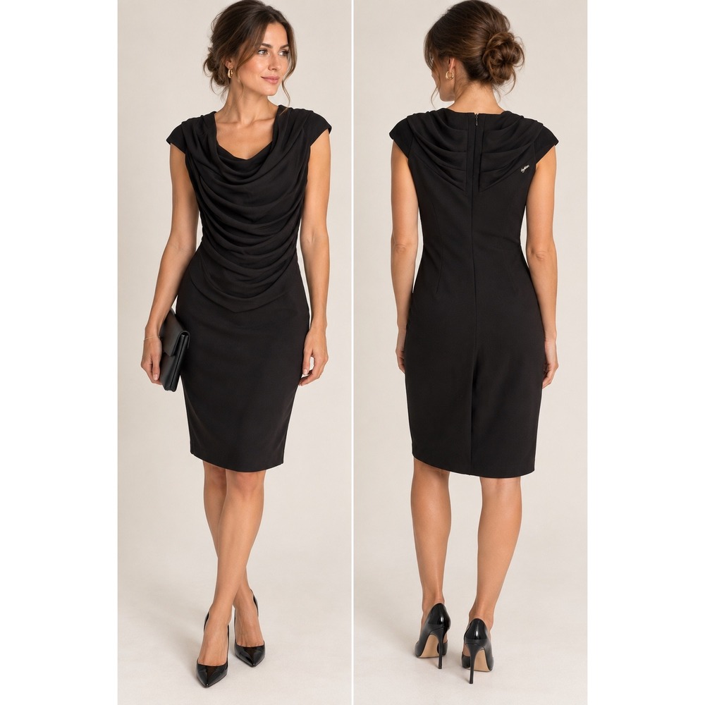 Byblos Italy Black Draped Cowl Neck Midi Dress Grecian US 6 IT 42 D2BCB42813168